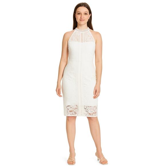 Eliza J White Lace Dress Size 4 Illusion Sheath Ivory Knee Length Graduation New - Picture 1 of 16